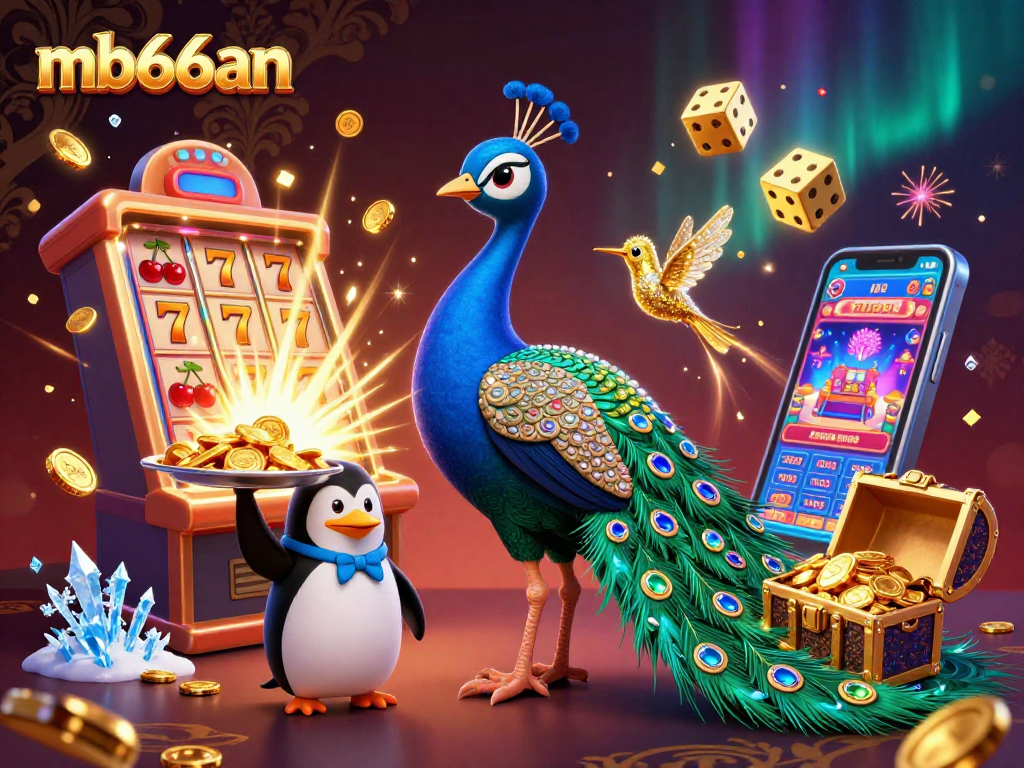 Experience thrilling jackpots at mb66an with a peacock, butler penguin, and golden hummingbird amid vibrant casino action.