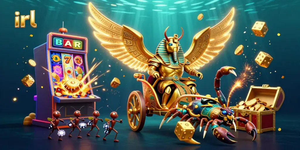 Experience the thrill of the irl casino world with a vibrant 3D scene featuring a golden scarab and exciting game elements.