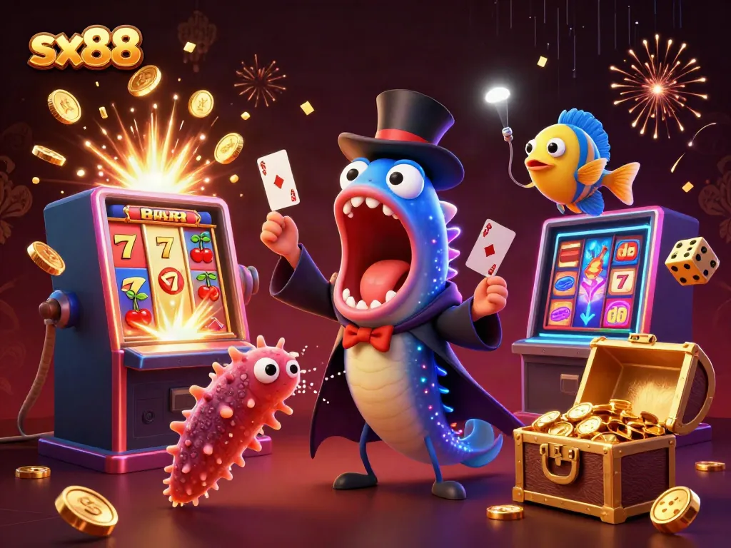 Experience the thrill of sx88 as a bioluminescent eel performs magic in a vibrant casino setting.