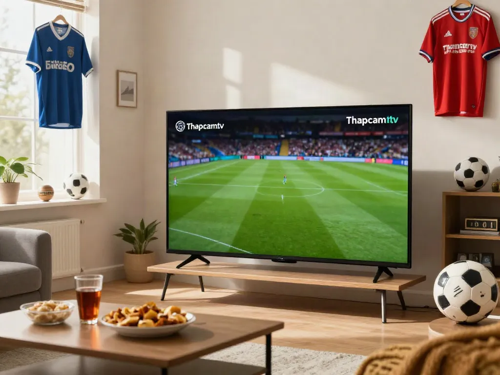 Engaged fan watching Thapcamtv streaming live sports in a cozy setting.