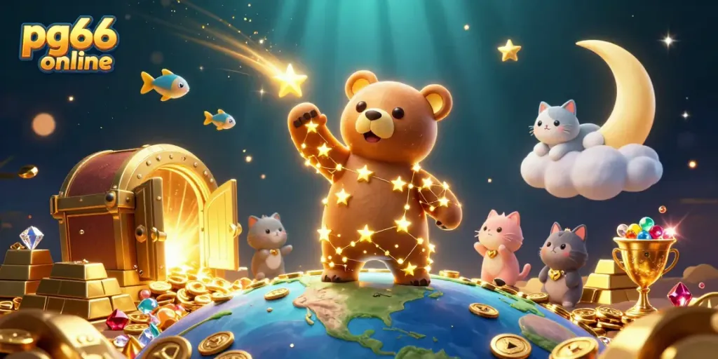 Win big at pg66 online with an enchanting illustration of a stellar casino world overflowing with coins and treasures.