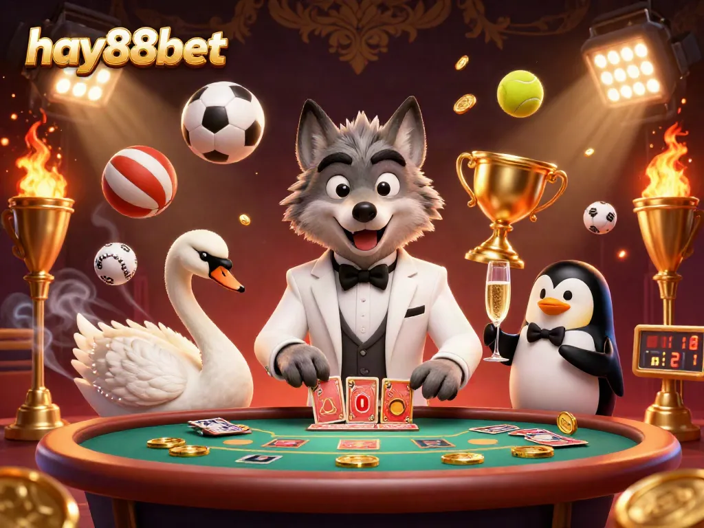 Engage in vibrant gameplay at hay88bet with a debonair wolf, elegant swan, and sophisticated penguin in a lively casino atmosphere.