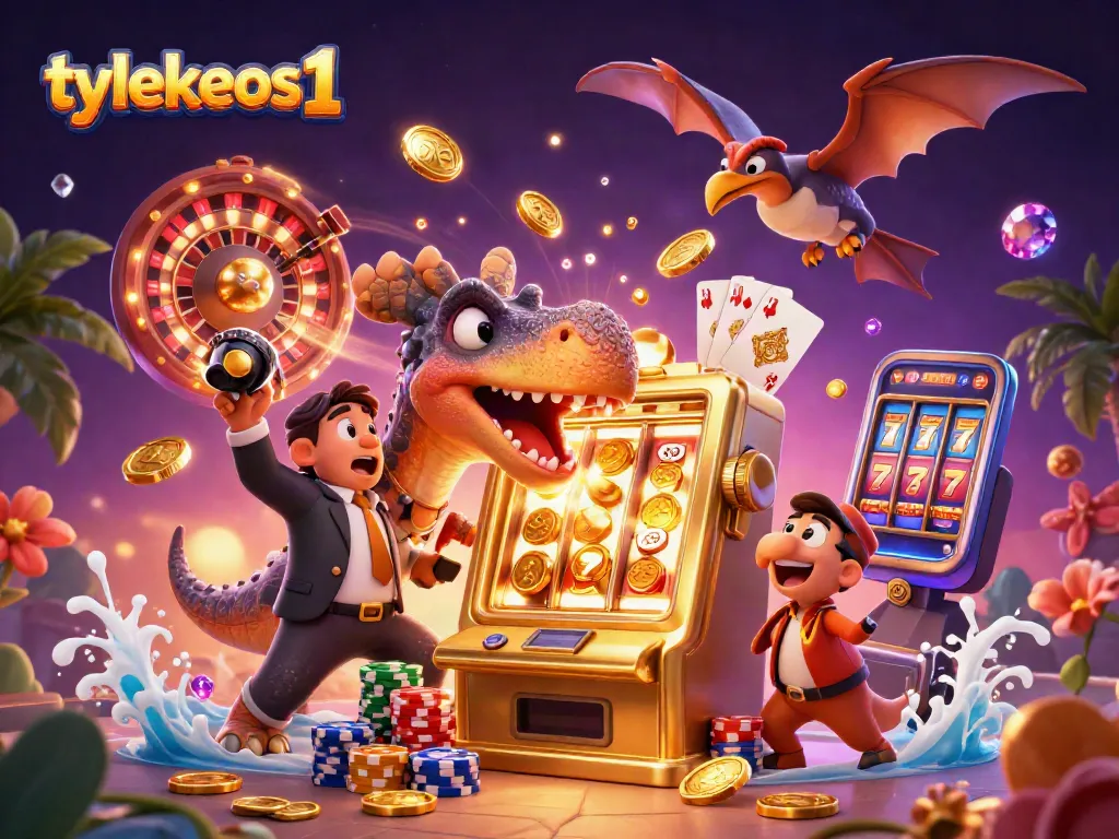 Catch flying coins with tylekeos1's jackpot-winning pachycephalosaurus in a vibrant casino scene.
