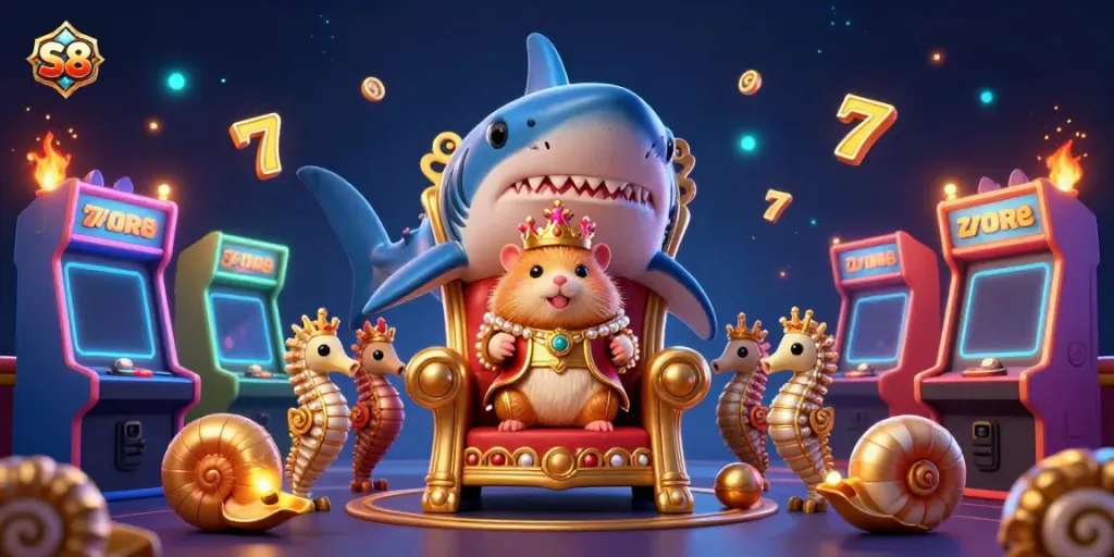 Engage with S8's vibrant casino scene featuring a golden hamster king on a shark tooth throne amidst slot reels and arcade machines.