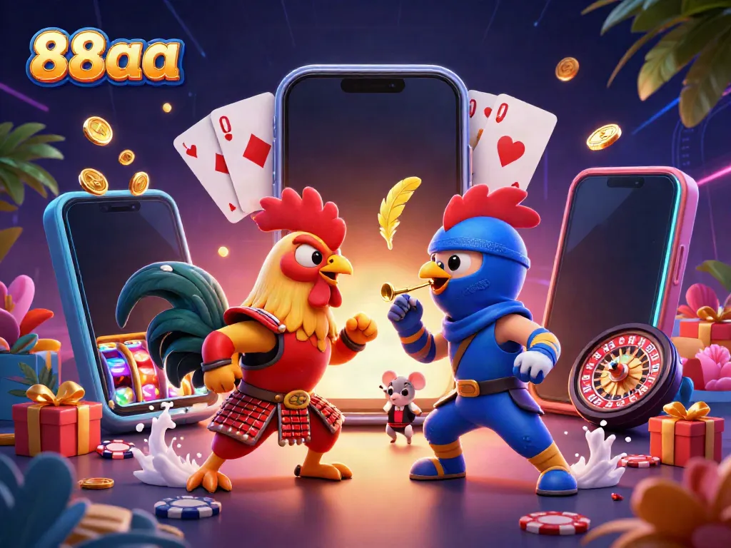 Compete in thrilling action at 88aa, where fighting roosters clash amid vibrant casino elements.
