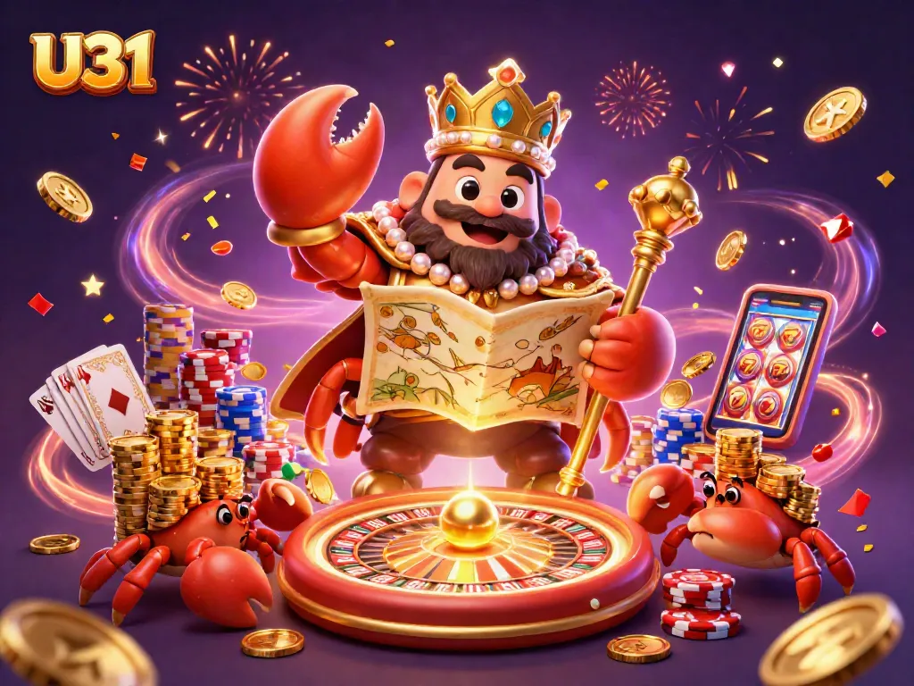 Engage with U31's vibrant casino world, featuring a golden crab emperor amidst dynamic game elements.