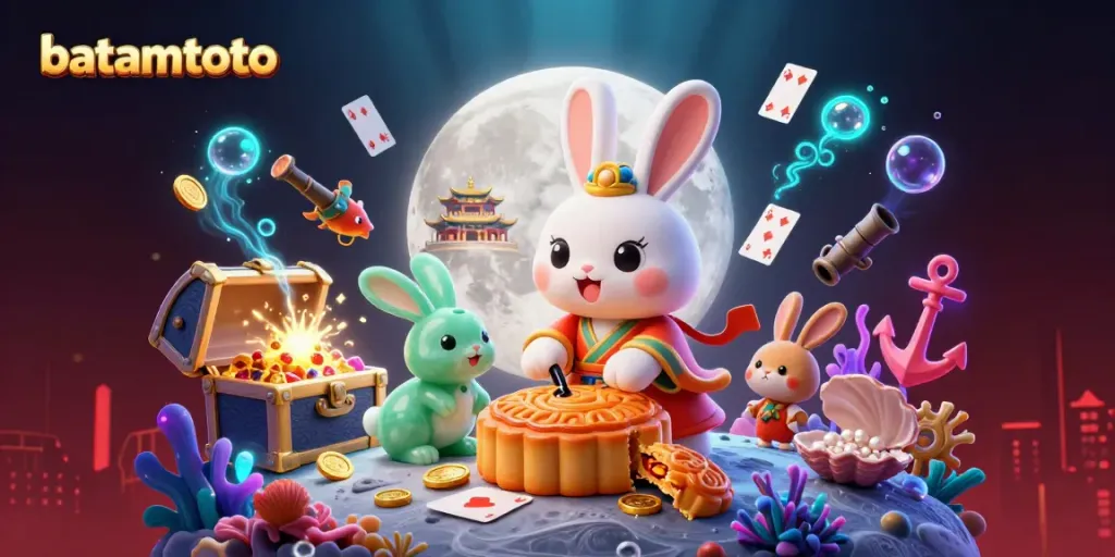 Engage with batamtoto's enchanting moon rabbit illustrating casino excitement with golden poker chip surprises.