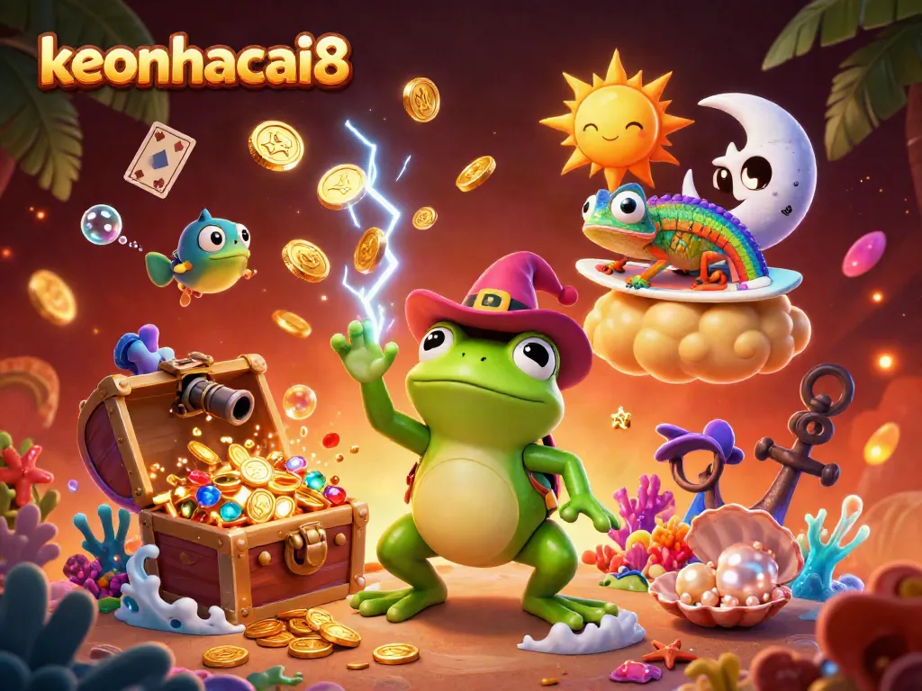Experience the excitement of keonhacai8 with whimsical characters amidst a storm of golden coins.