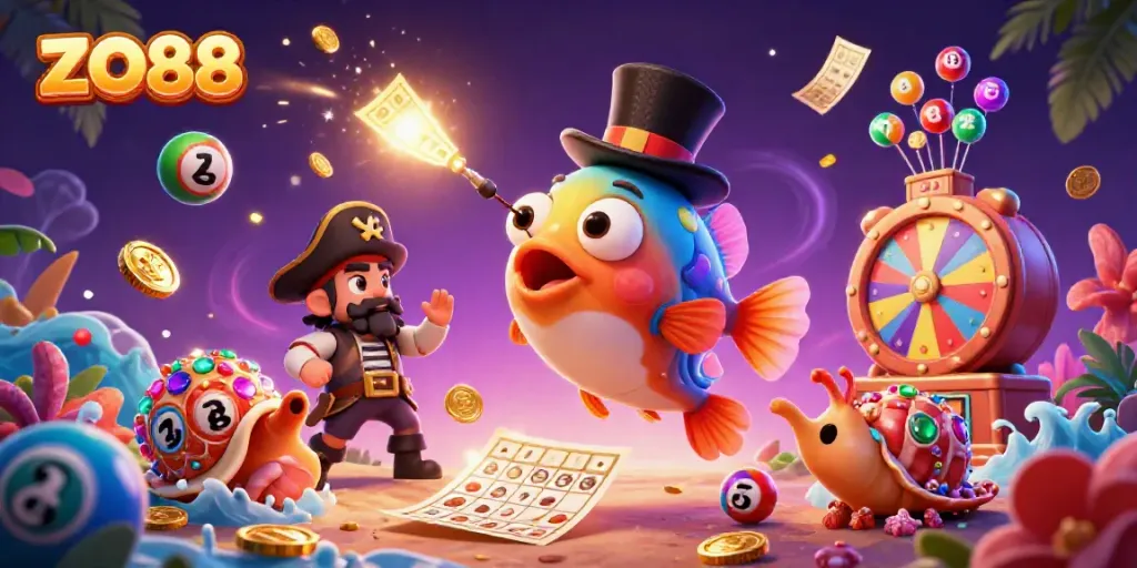 Engage with ZO88's thrilling 3D casino scene featuring an anglerfish, pirate shrimp, and treasure snail.