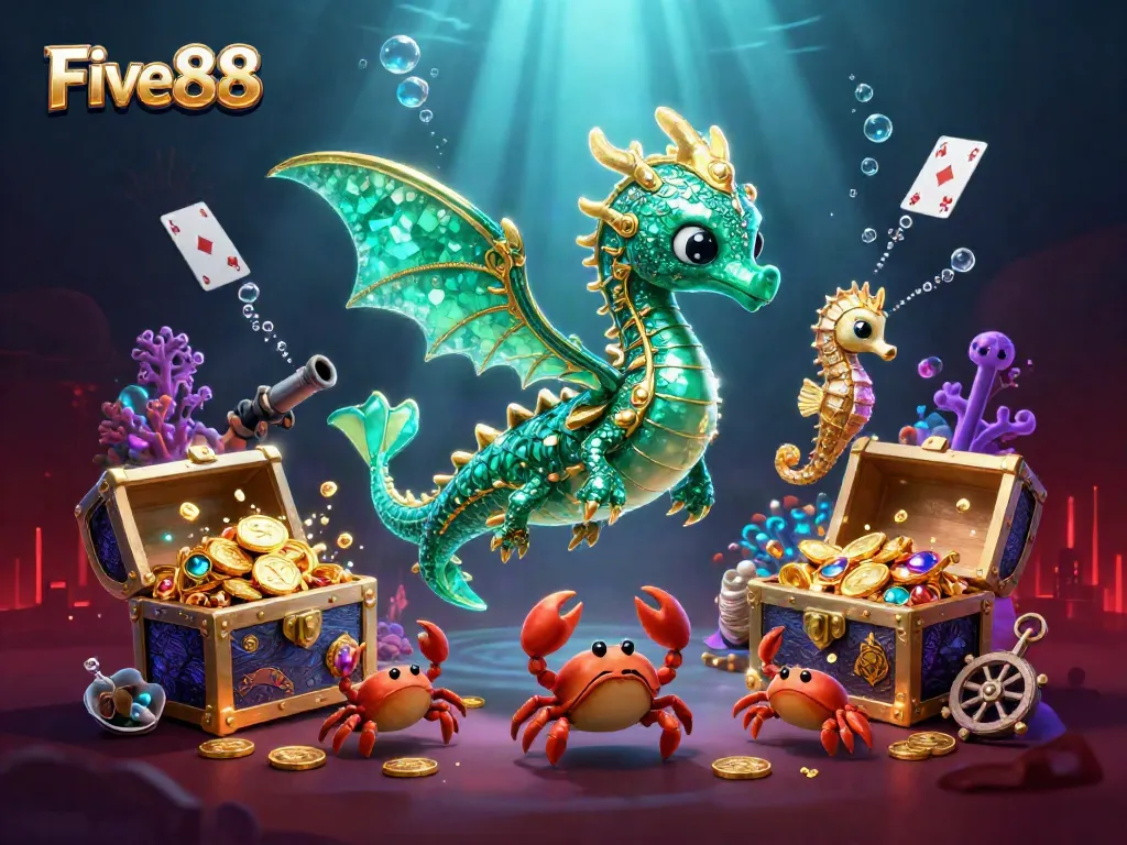 Experience thrilling gameplay at Five88 with a vibrant underwater scene filled with treasures and animated characters.
