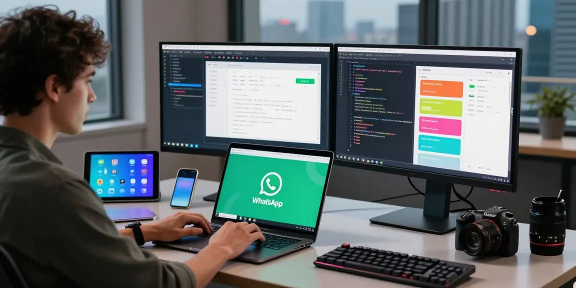 Workspace with WhatsApp下載 interface on laptop and coding screens, modern tech atmosphere.