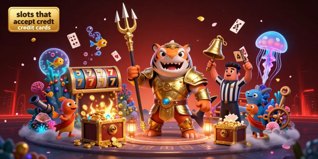 Engage with slots that accept credit cards in an immersive underwater scene featuring a tiger shark in gladiator armor.