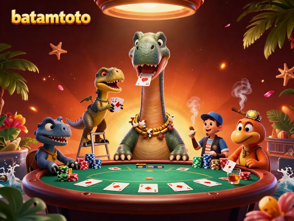 Engage in batamtoto poker fun with a cartoon brontosaurus dealer and vibrant gaming elements.