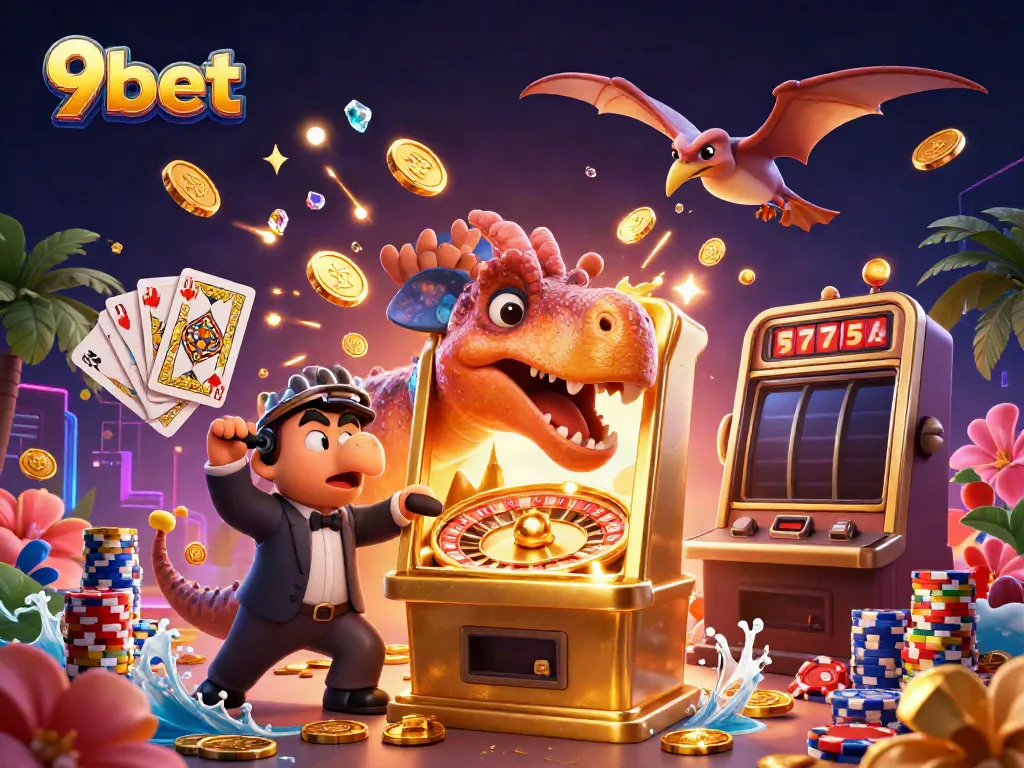 Engage in thrilling 9bet gaming with a cartoon dinosaur at a jackpot slot machine, capturing excitement.