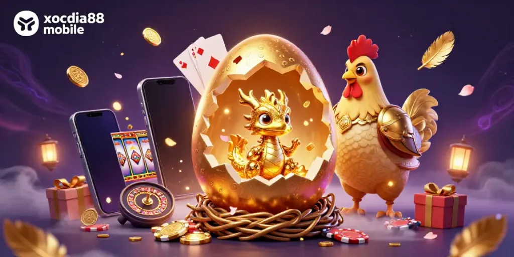 Spin to win with xocdia88 mobile, showcasing vibrant tokens and a golden dragon.