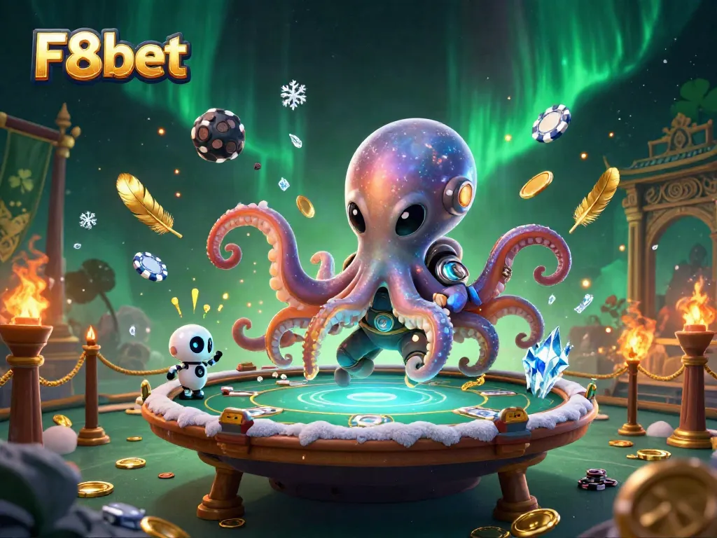 Join the vibrant universe of F8bet, where a lively alien octopus plays poker amidst cosmic visuals.