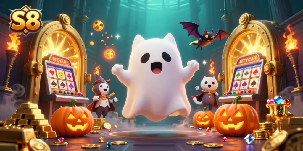 Engage with the vibrant S8 casino scene featuring a ghost cat and vampire bat exploring treasures.