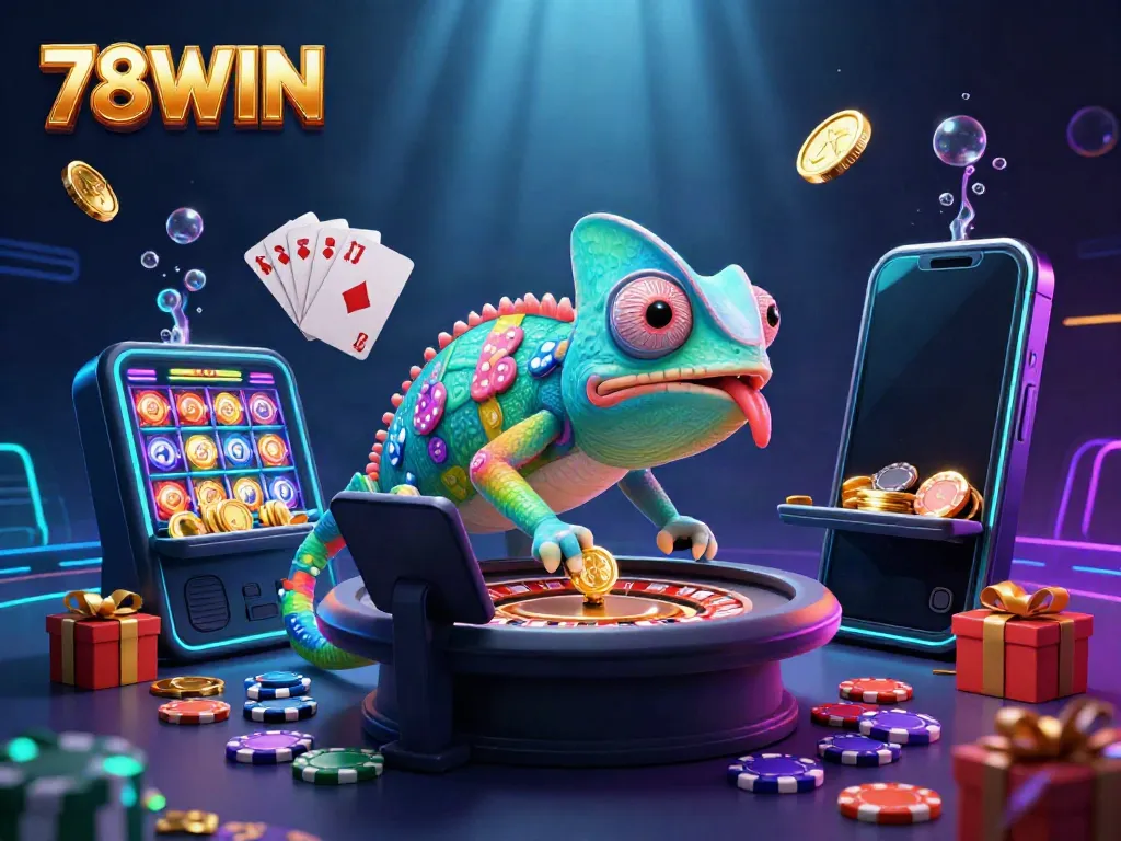 Play thrilling games at 78WIN with vibrant slot reels and casino elements overflowing with golden coins.