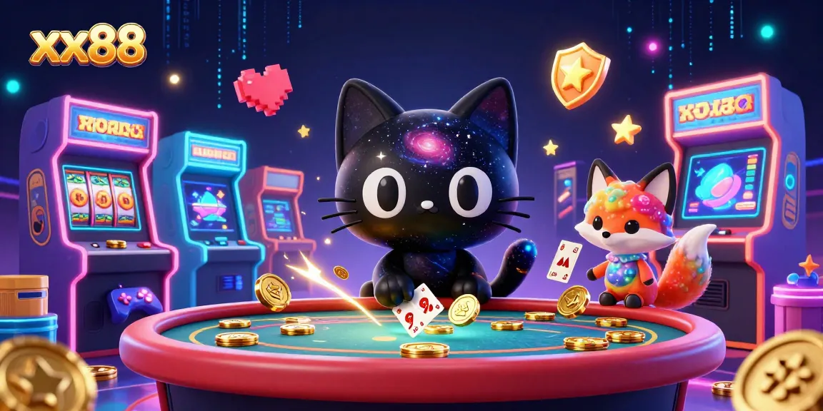 Experience the excitement of xx88 with a cosmic casino vibe featuring game elements and dynamic characters.