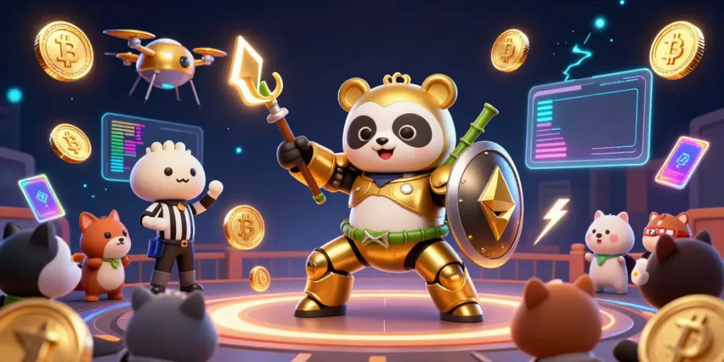 Watch the vibrant action of Trực tiếp đá gà thomo with a golden panda piloting a fighting robot in a dazzling arena.