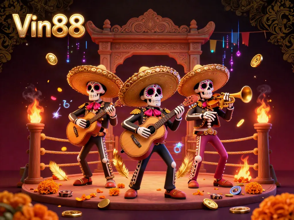 Engage in thrilling games at Vin88 with festive mariachi skeletons surrounded by casino elements.