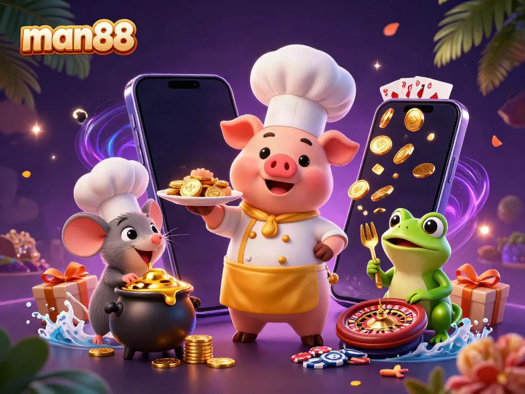 Experience excitement with man88 as a pig chef serves gold coins amidst gaming elements.