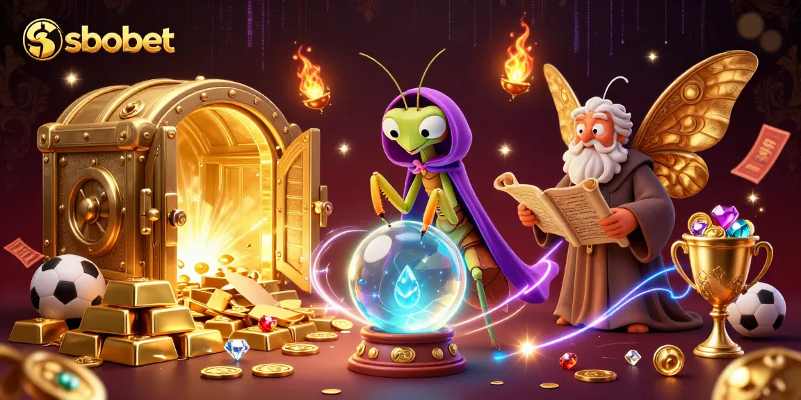 Bet on sbobet with a vibrant 3D scene featuring a fortune teller and sports elements.