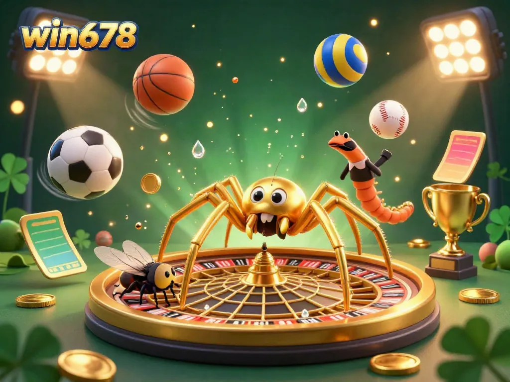 Experience the thrill of win678 with a vibrant 3D scene of a roulette wheel and lively betting elements.