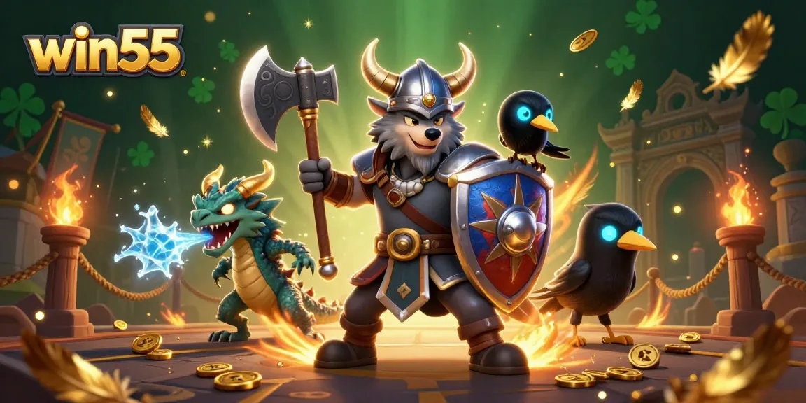 Experience the excitement of win55 with this dynamic casino scene featuring a Viking wolf warrior, dragon, and raven.