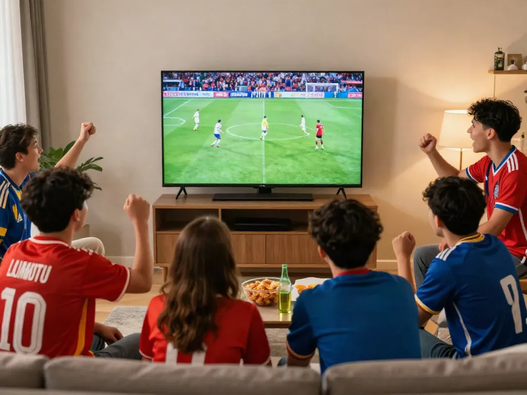 Excited fans watching a soccer match on xoilactv in high definition.