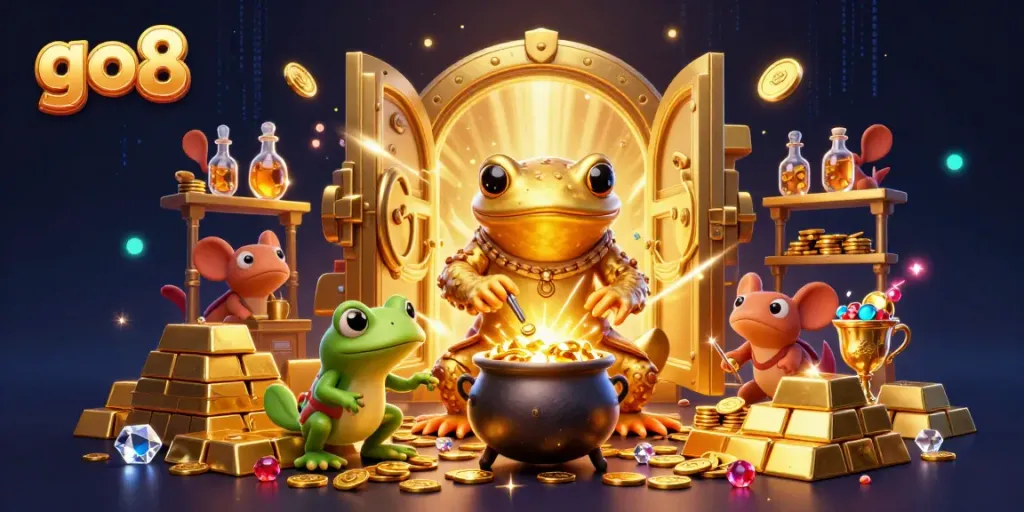 Experience the thrill of winning at go8 with magical gold transformations in this vibrant casino-themed illustration.