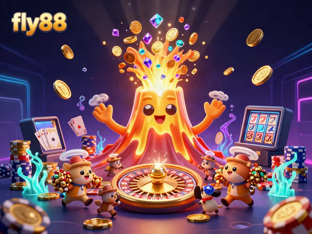 Experience the thrill of fly88 as coins and gems erupt from a golden volcano, embodying the excitement of online gaming.