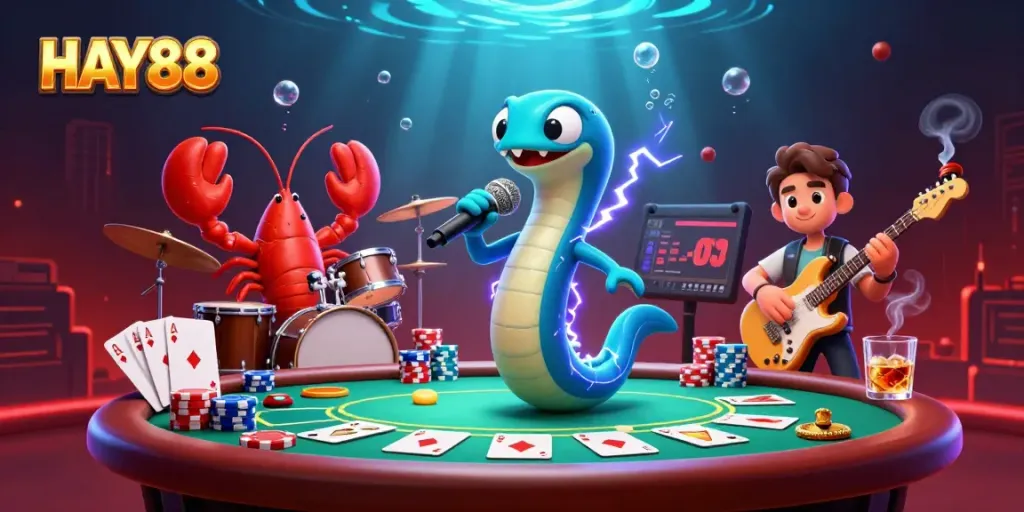 Engage with HAY88 at an underwater casino featuring a vibrant electric eel DJ, lobster drummer, and seahorse guitarist.