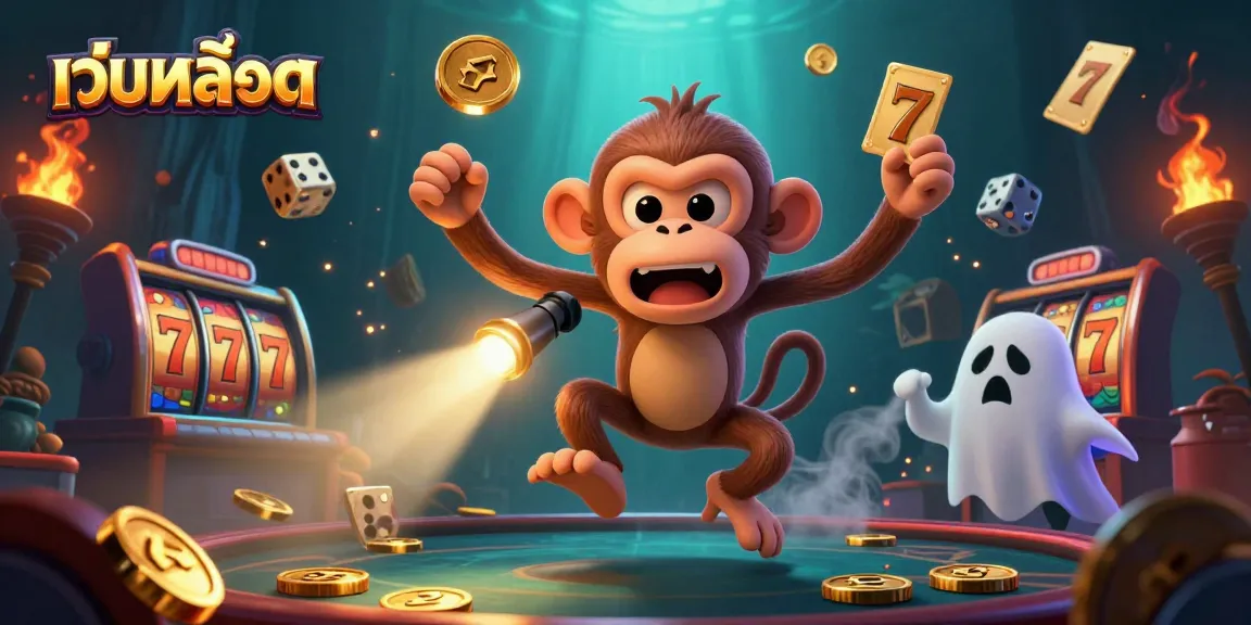 Engage with เว็บสล็อต as a mischievous poltergeist monkey juggles gold in a dynamic casino scene.