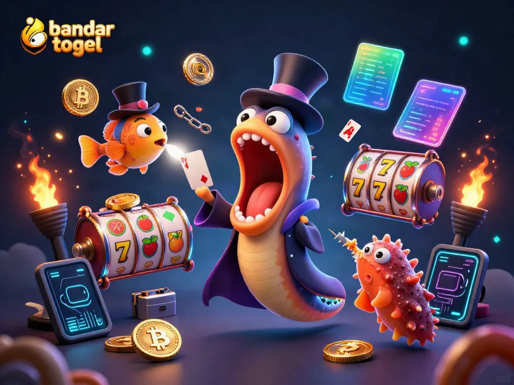 Engaging bandar togel illustration with a deep-sea gulper eel and anglerfish showcasing exciting card tricks in a dynamic casino scene.