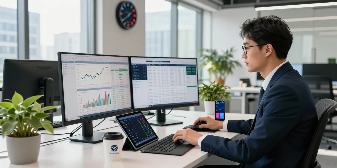 Analyst at modern finance office analyzing market trends on multiple screens while using dhankubera for insights.