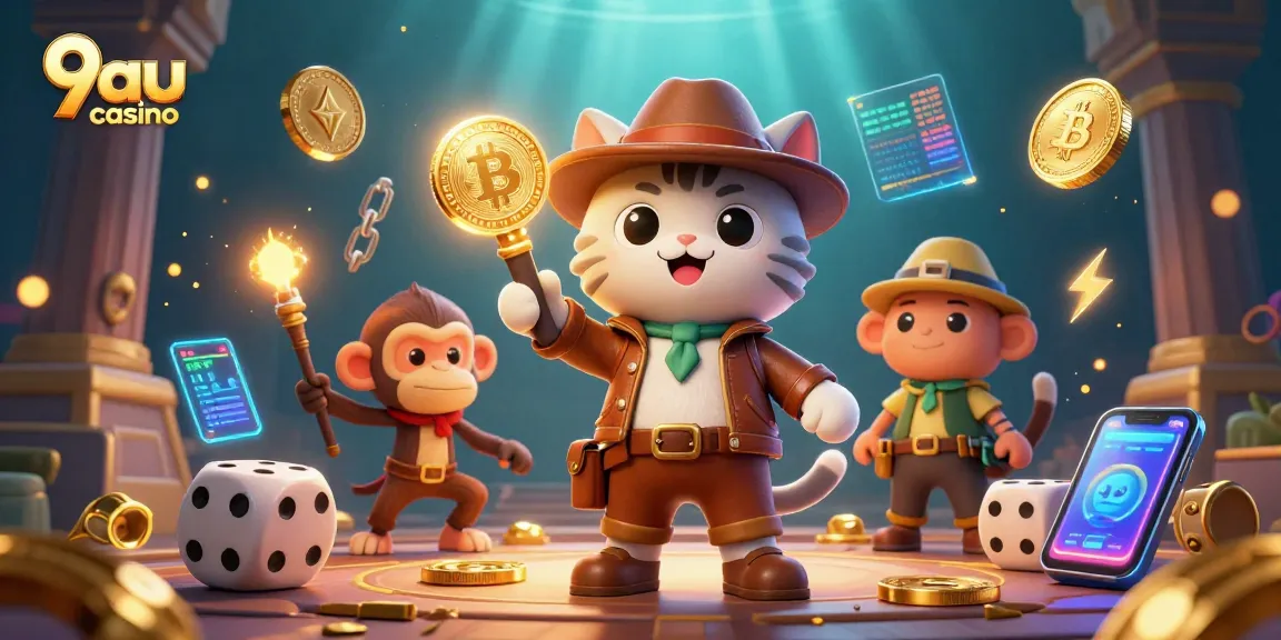 Engage with the vibrant 9au casino experience through a colorful illustrated adventure of treasure hunting.