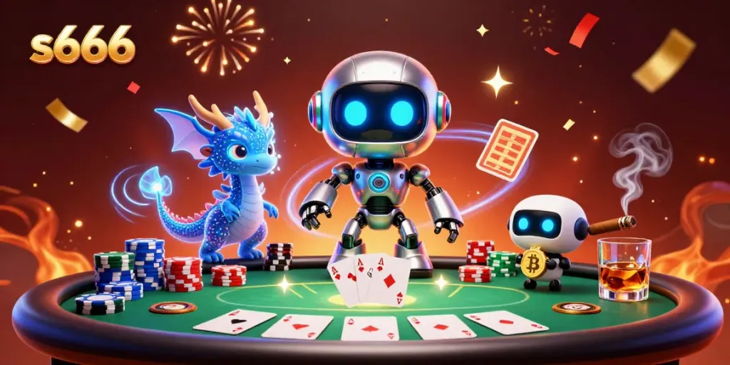 Engage with s666 at a vibrant poker scene featuring dynamic 3D characters and celebratory elements.