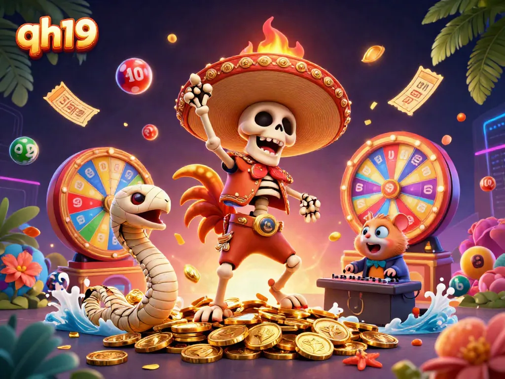 Experience excitement with qh19's vibrant lottery celebration featuring colorful characters and dynamic game elements.
