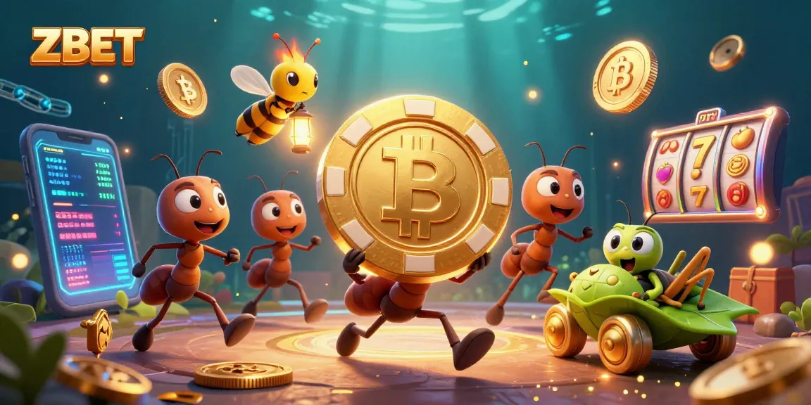 ZBET showcases ants heisting a giant poker chip in a lively casino atmosphere.