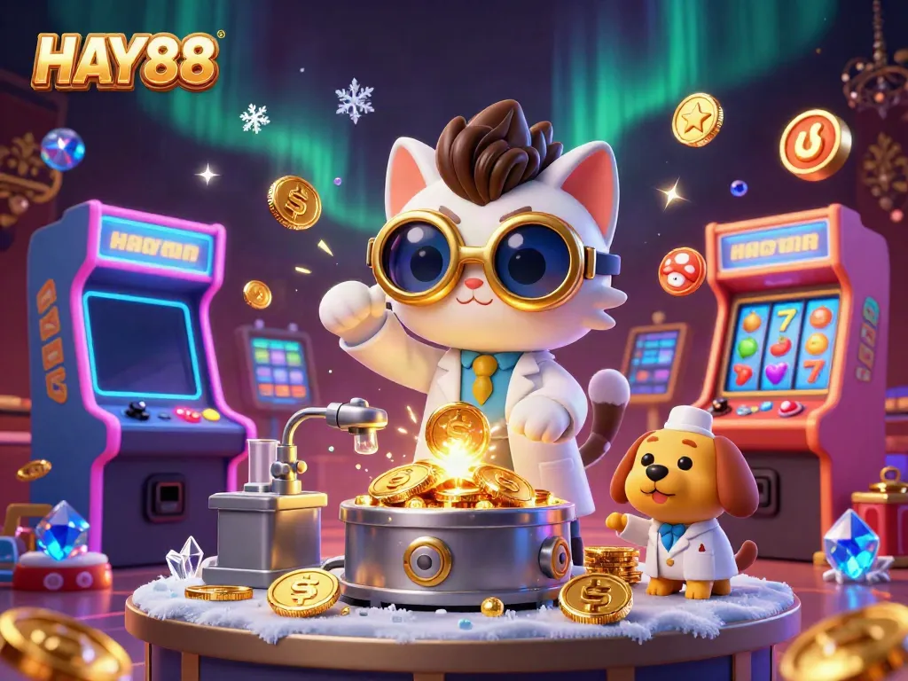 Engage with HAY88's vibrant casino games scene featuring a mad scientist cat and golden elements.