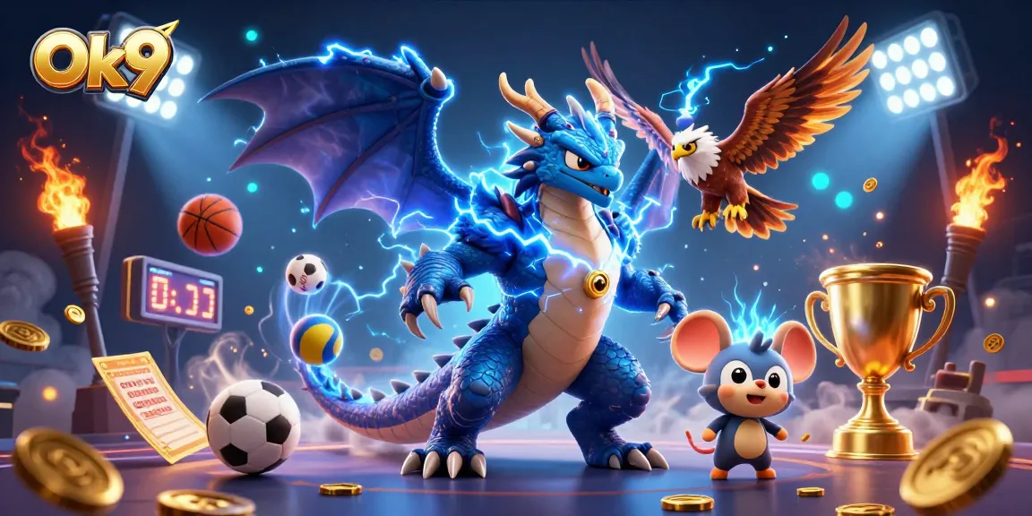 Engage in thrilling betting action with OK9's vibrant casino illustration showcasing dynamic sports elements.