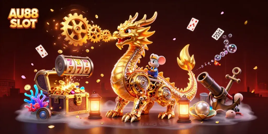 Engage with AU88 SLOT's vibrant scene featuring a golden dragon and magical symbols.