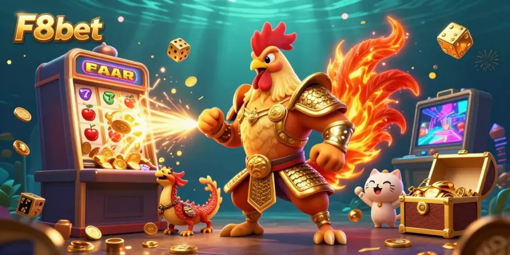 Experience the thrill of F8bet with a battle-ready rooster warrior, dragon hatchling, and jackpot excitement.
