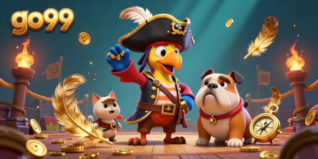 Engage in thrilling slot games with go99, featuring vibrant pirate-themed characters and casino elements.
