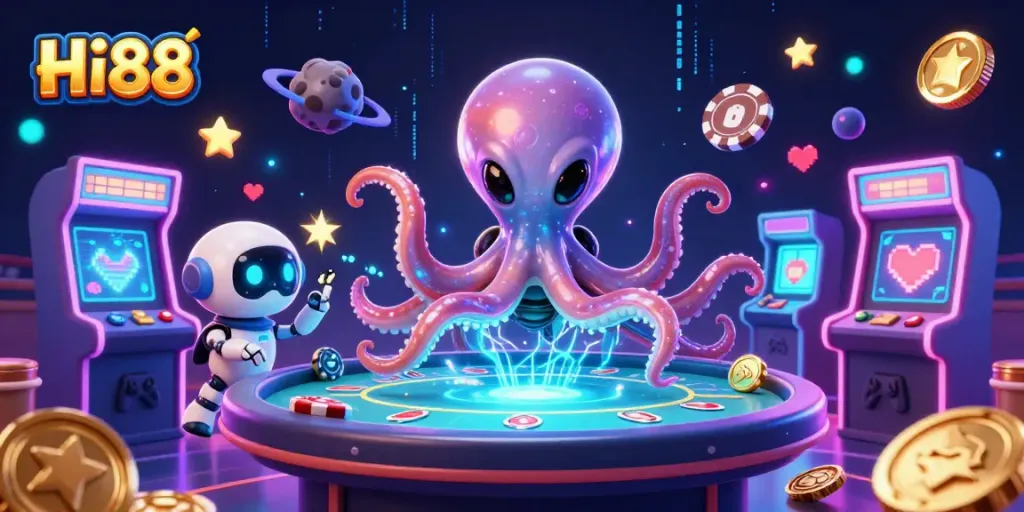 Engage in thrilling poker action at Hi88 with a vibrant 3D digital casino scene featuring alien characters.