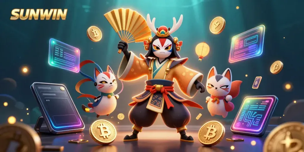 Experience thrilling gaming with SUNWIN as kabuki warrior and kitsune navigate crypto treasures.