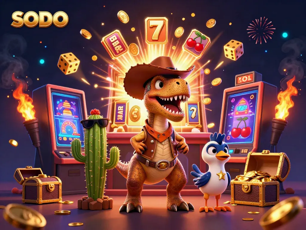 Sculpt a lively SODO casino scene with a cartoon cowboy dinosaur, cactus sidekick, and roadrunner amidst a jackpot explosion.