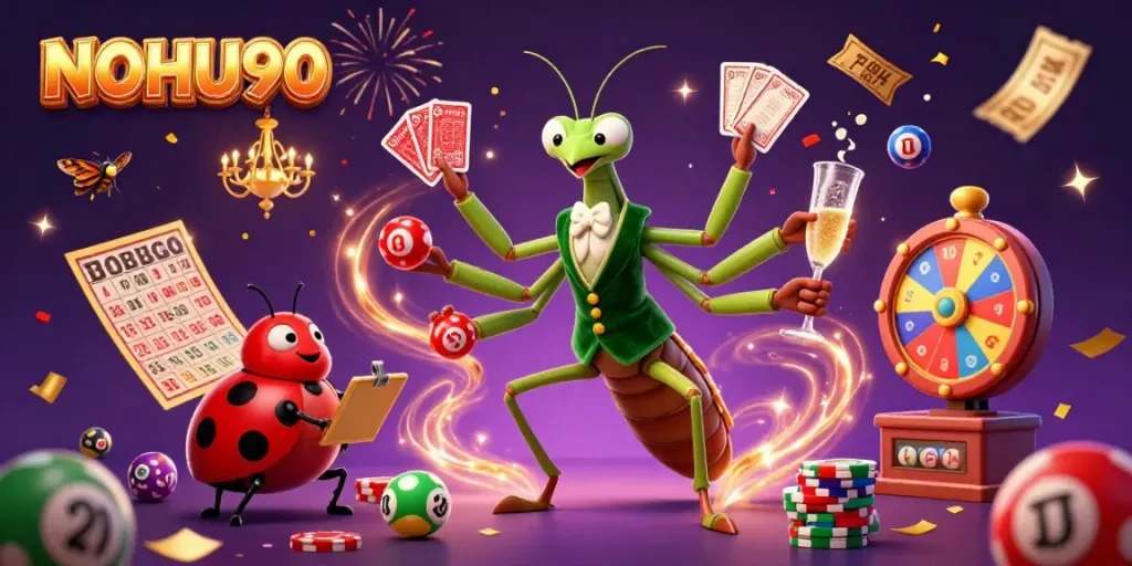 Engage with a vibrant NOHU90 casino scene featuring colorful lottery elements and lively characters.