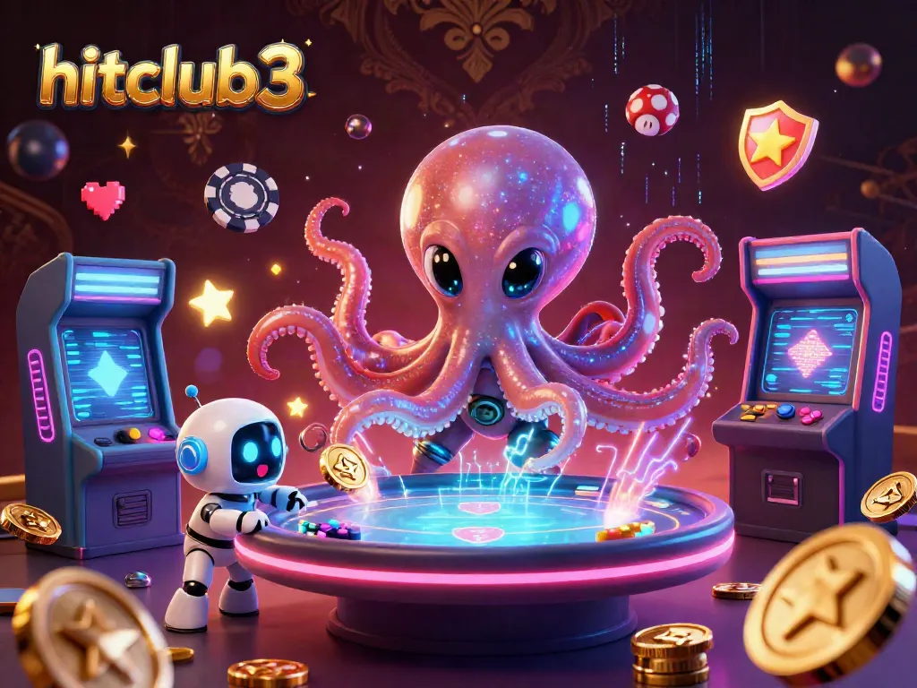 Engage with hitclub3's vibrant casino experience featuring a cosmic octopus and exciting game elements.